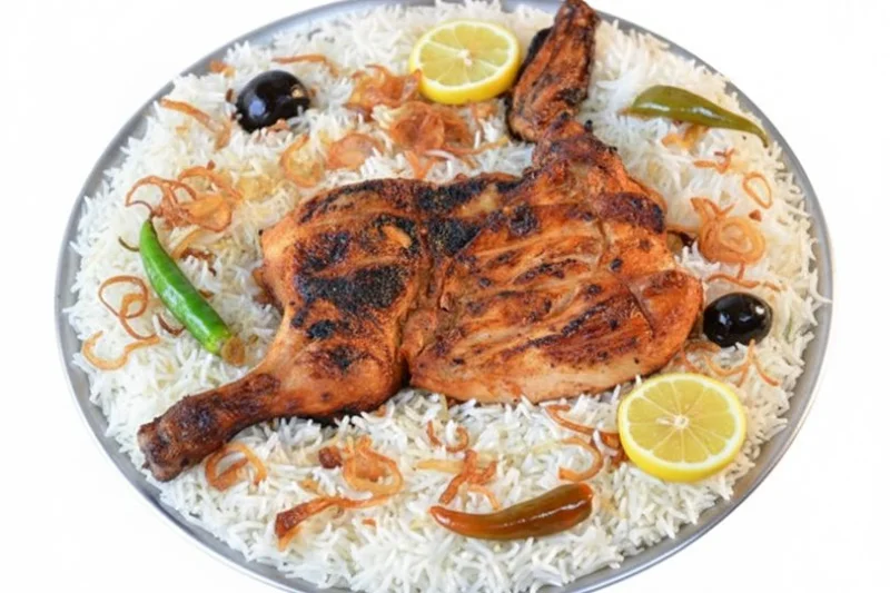 نصف دجاجة على الفحم مع رز